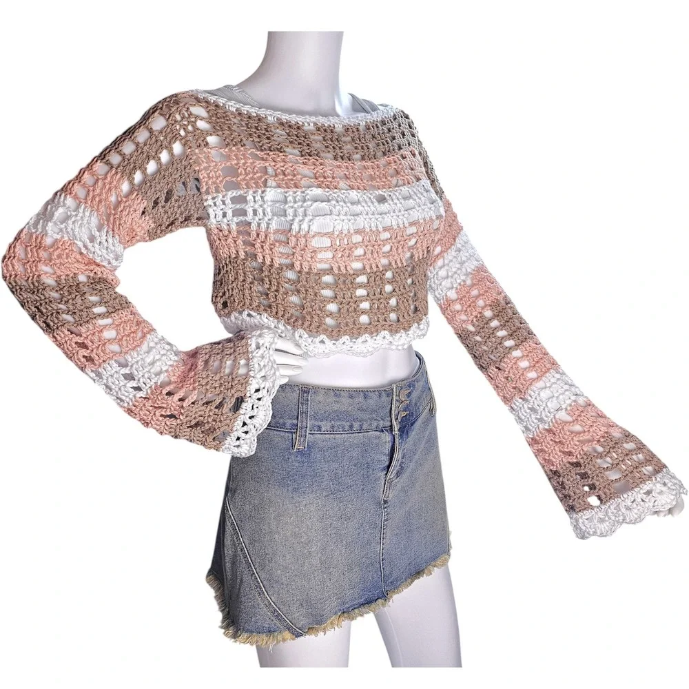 Handmade Crochet Boat Neck Bell Sleeve Crop Top | Festival Fairy Boho Mesh Top